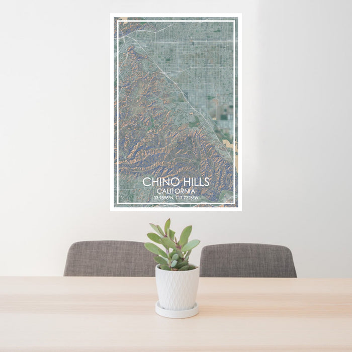 24x36 Chino Hills California Map Print Portrait Orientation in Afternoon Style Behind 2 Chairs Table and Potted Plant