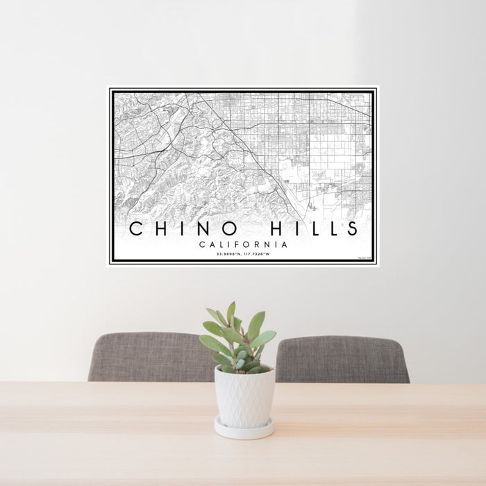 24x36 Chino Hills California Map Print Lanscape Orientation in Classic Style Behind 2 Chairs Table and Potted Plant