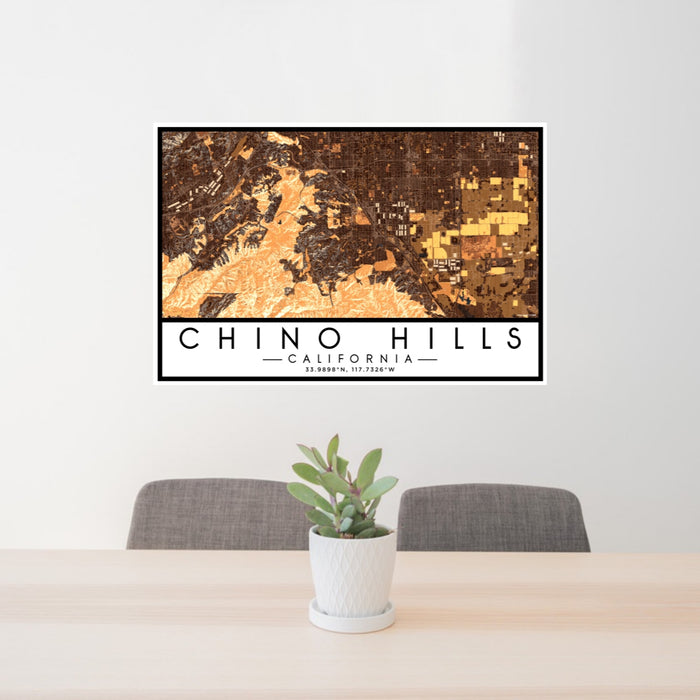 24x36 Chino Hills California Map Print Lanscape Orientation in Ember Style Behind 2 Chairs Table and Potted Plant