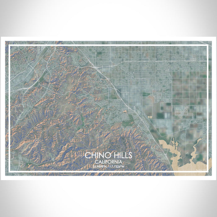 Chino Hills California Map Print Landscape Orientation in Afternoon Style With Shaded Background