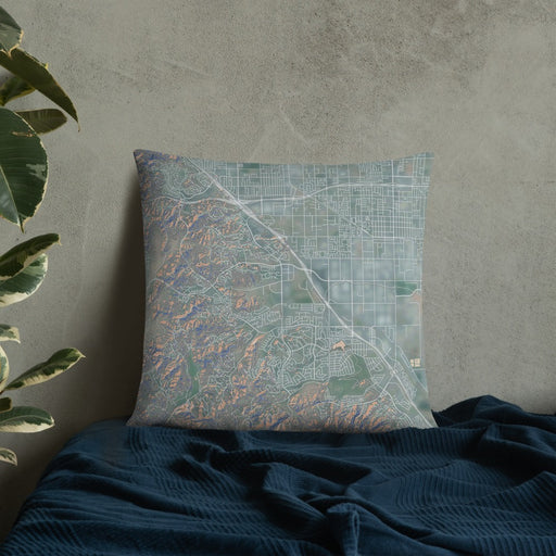 Custom Chino Hills California Map Throw Pillow in Afternoon on Bedding Against Wall