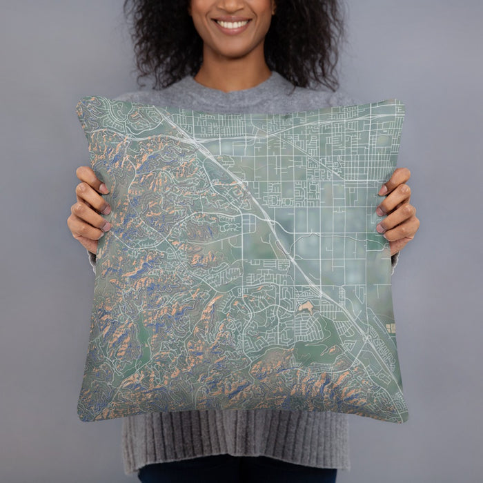 Person holding 18x18 Custom Chino Hills California Map Throw Pillow in Afternoon