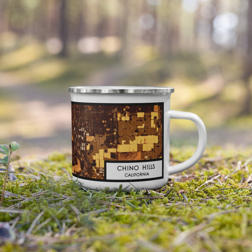 Right View Custom Chino Hills California Map Enamel Mug in Ember on Grass With Trees in Background