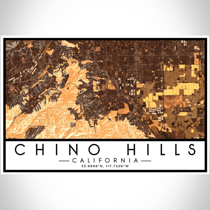 Chino Hills California Map Print Landscape Orientation in Ember Style With Shaded Background