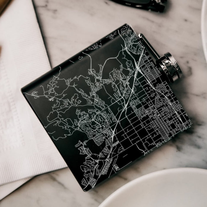 Chino Hills California Custom Engraved City Map Inscription Coordinates on 6oz Stainless Steel Flask in Black