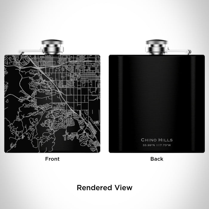 Rendered View of Chino Hills California Map Engraving on 6oz Stainless Steel Flask in Black