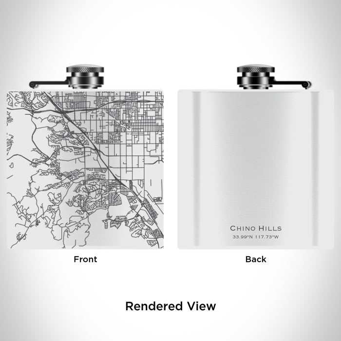 Rendered View of Chino Hills California Map Engraving on 6oz Stainless Steel Flask in White