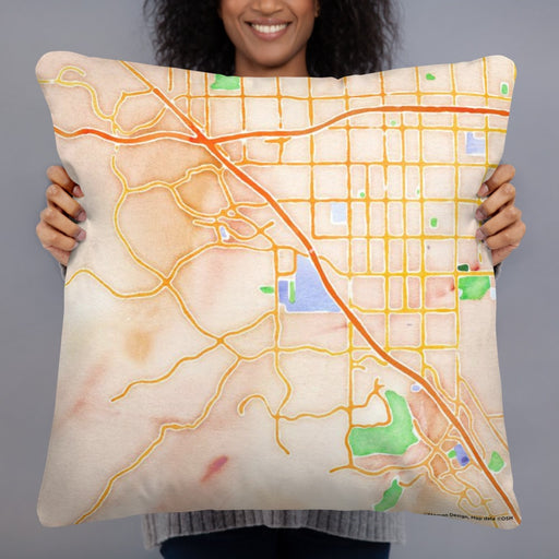 Person holding 22x22 Custom Chino Hills California Map Throw Pillow in Watercolor