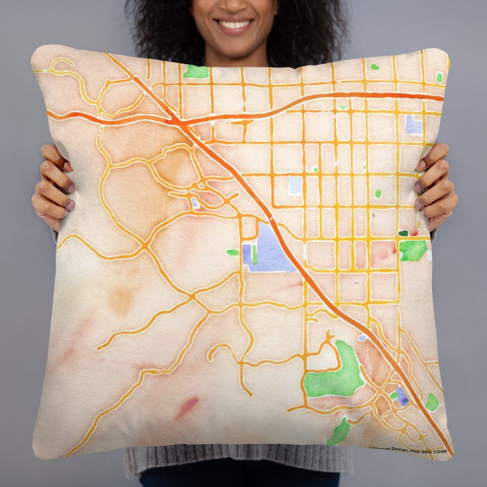 Person holding 22x22 Custom Chino Hills California Map Throw Pillow in Watercolor