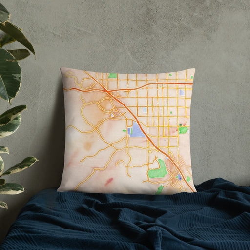 Custom Chino Hills California Map Throw Pillow in Watercolor on Bedding Against Wall
