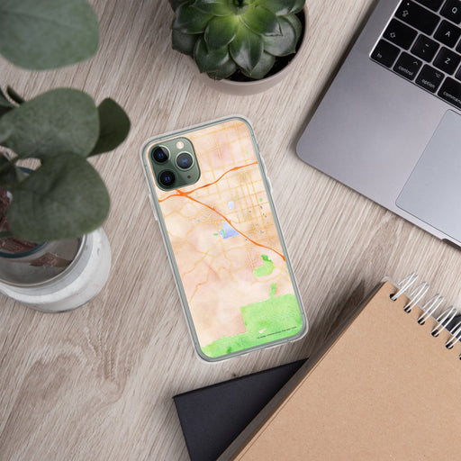 Custom Chino Hills California Map Phone Case in Watercolor on Table with Laptop and Plant