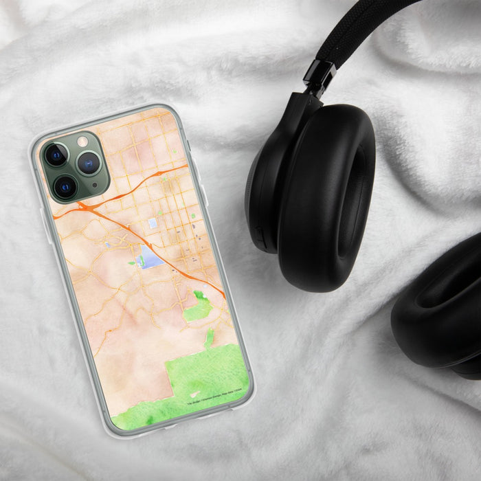 Custom Chino Hills California Map Phone Case in Watercolor on Table with Black Headphones