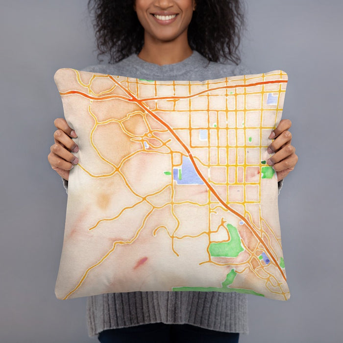 Person holding 18x18 Custom Chino Hills California Map Throw Pillow in Watercolor