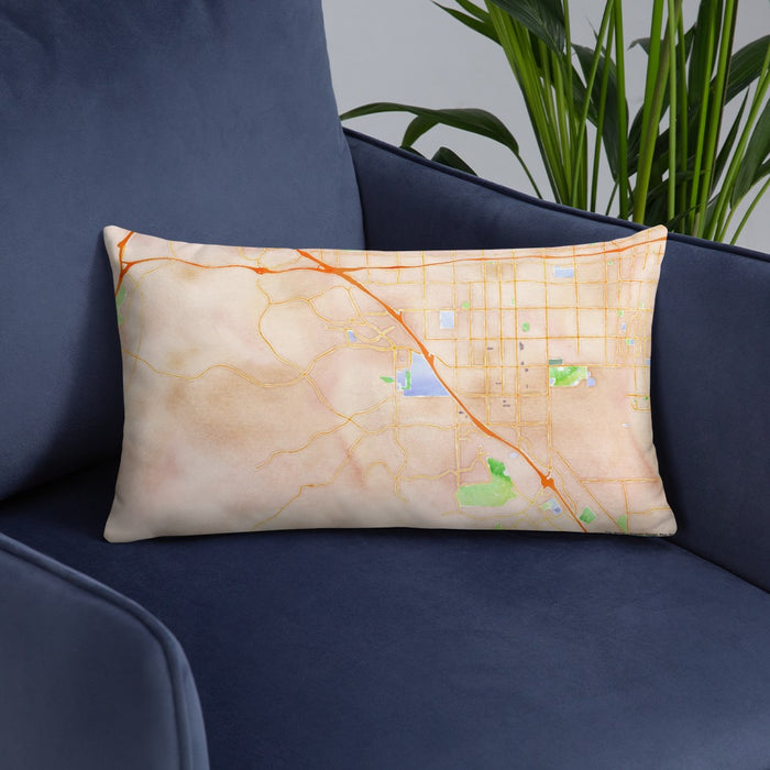 Custom Chino Hills California Map Throw Pillow in Watercolor on Blue Colored Chair