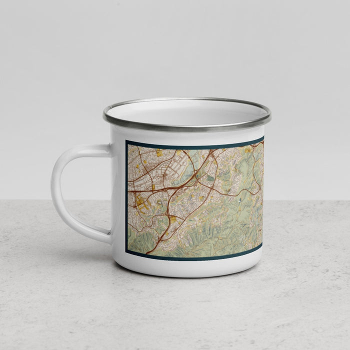 Left View Custom Chino Hills California Map Enamel Mug in Woodblock