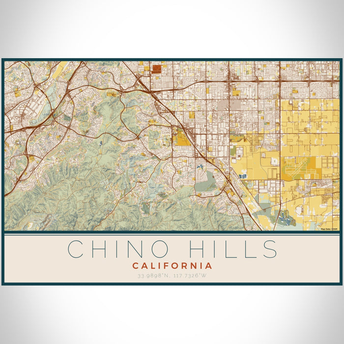Chino Hills California Map Print Landscape Orientation in Woodblock Style With Shaded Background