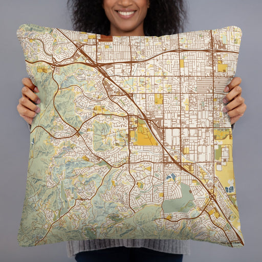 Person holding 22x22 Custom Chino Hills California Map Throw Pillow in Woodblock