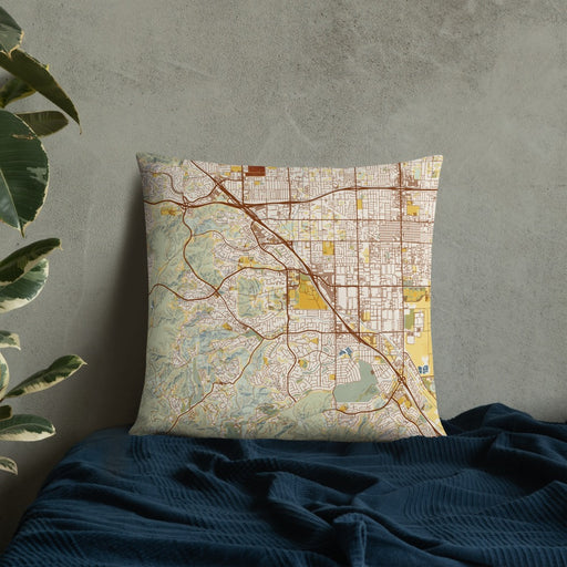 Custom Chino Hills California Map Throw Pillow in Woodblock on Bedding Against Wall