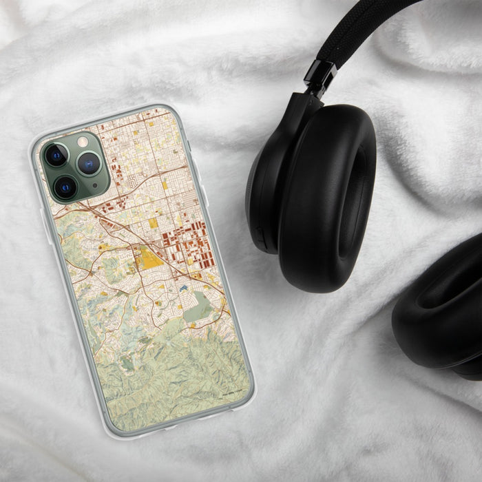 Custom Chino Hills California Map Phone Case in Woodblock on Table with Black Headphones