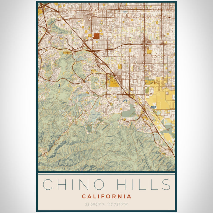 Chino Hills California Map Print Portrait Orientation in Woodblock Style With Shaded Background