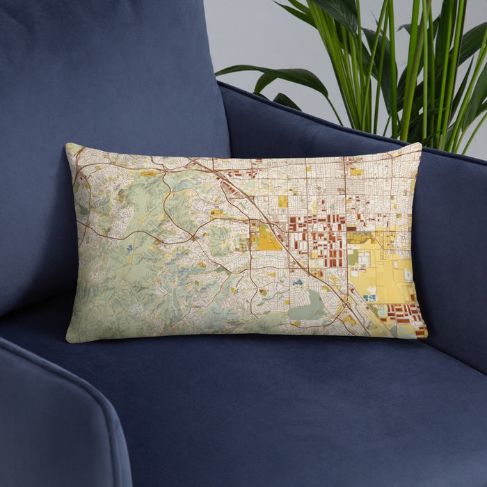 Custom Chino Hills California Map Throw Pillow in Woodblock on Blue Colored Chair