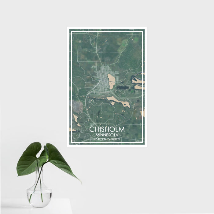 16x24 Chisholm Minnesota Map Print Portrait Orientation in Afternoon Style With Tropical Plant Leaves in Water