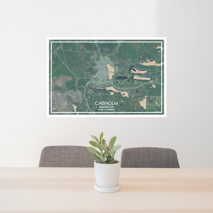 24x36 Chisholm Minnesota Map Print Lanscape Orientation in Afternoon Style Behind 2 Chairs Table and Potted Plant