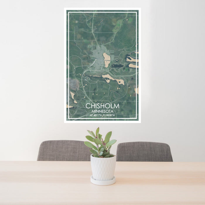 24x36 Chisholm Minnesota Map Print Portrait Orientation in Afternoon Style Behind 2 Chairs Table and Potted Plant