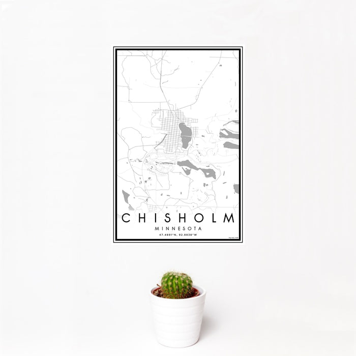 12x18 Chisholm Minnesota Map Print Portrait Orientation in Classic Style With Small Cactus Plant in White Planter