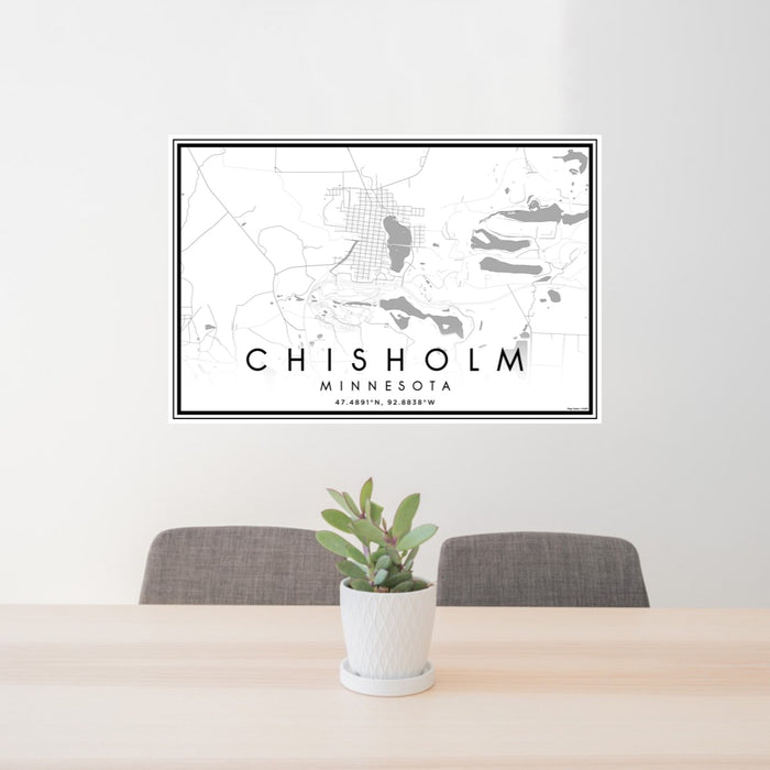 24x36 Chisholm Minnesota Map Print Landscape Orientation in Classic Style Behind 2 Chairs Table and Potted Plant