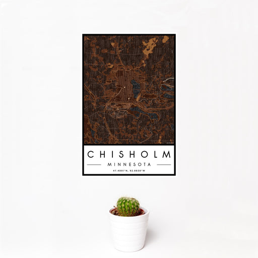 12x18 Chisholm Minnesota Map Print Portrait Orientation in Ember Style With Small Cactus Plant in White Planter