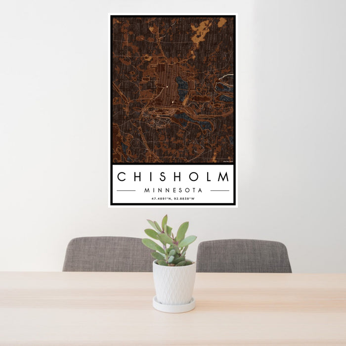 24x36 Chisholm Minnesota Map Print Portrait Orientation in Ember Style Behind 2 Chairs Table and Potted Plant