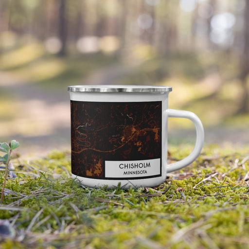 Right View Custom Chisholm Minnesota Map Enamel Mug in Ember on Grass With Trees in Background