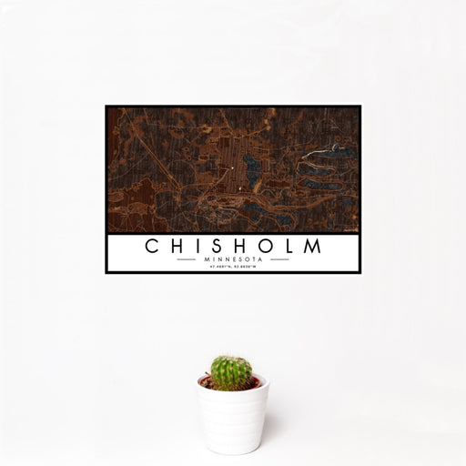 12x18 Chisholm Minnesota Map Print Landscape Orientation in Ember Style With Small Cactus Plant in White Planter