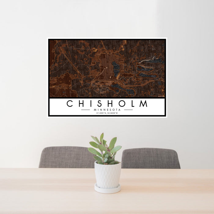 24x36 Chisholm Minnesota Map Print Landscape Orientation in Ember Style Behind 2 Chairs Table and Potted Plant
