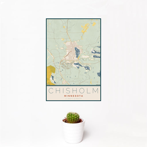 12x18 Chisholm Minnesota Map Print Portrait Orientation in Woodblock Style With Small Cactus Plant in White Planter