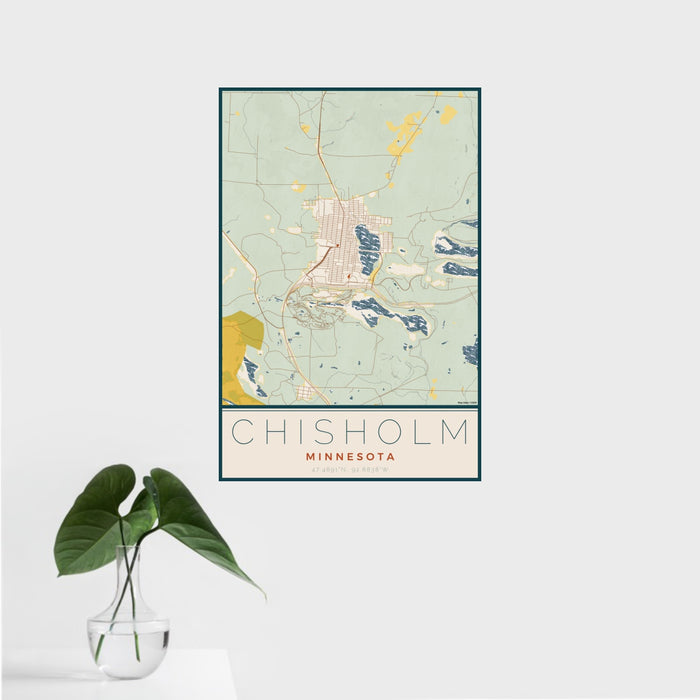 16x24 Chisholm Minnesota Map Print Portrait Orientation in Woodblock Style With Tropical Plant Leaves in Water