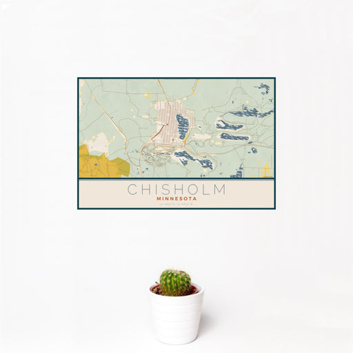 12x18 Chisholm Minnesota Map Print Landscape Orientation in Woodblock Style With Small Cactus Plant in White Planter