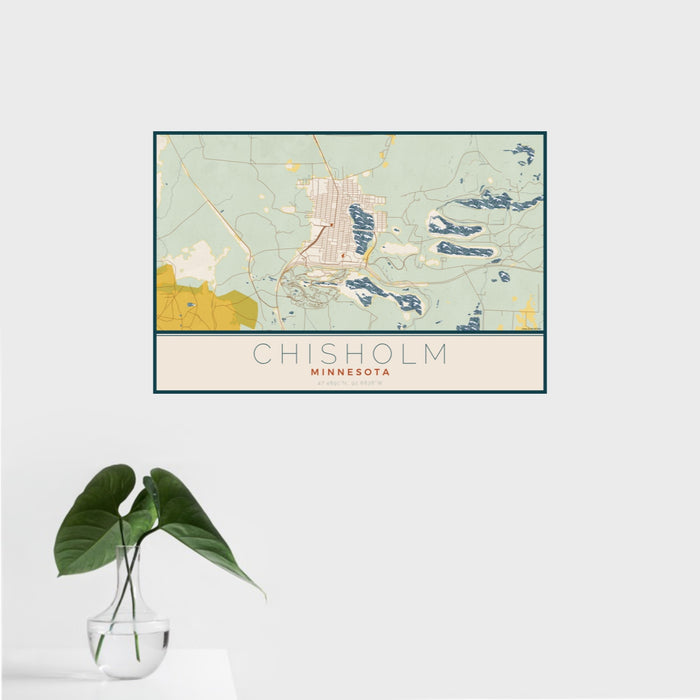 16x24 Chisholm Minnesota Map Print Landscape Orientation in Woodblock Style With Tropical Plant Leaves in Water