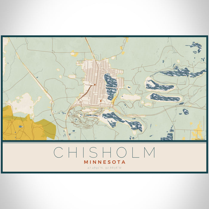 Chisholm Minnesota Map Print Landscape Orientation in Woodblock Style With Shaded Background
