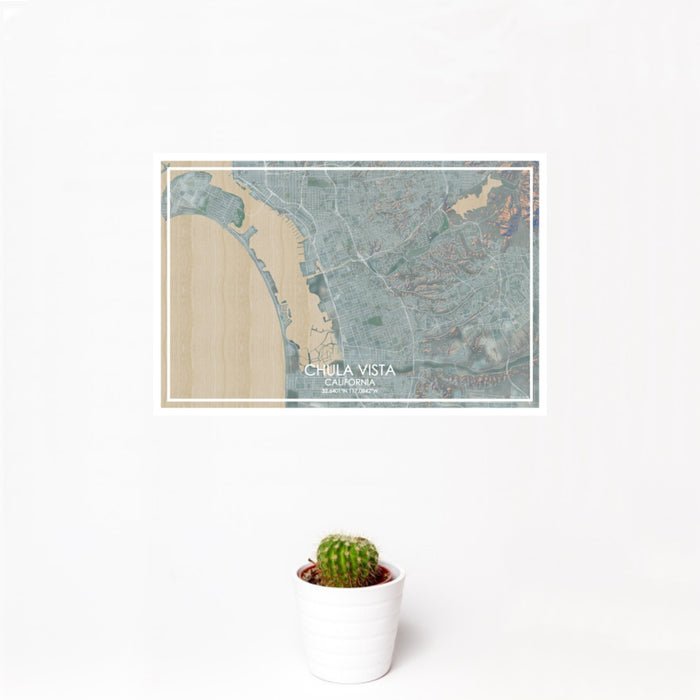 12x18 Chula Vista California Map Print Landscape Orientation in Afternoon Style With Small Cactus Plant in White Planter