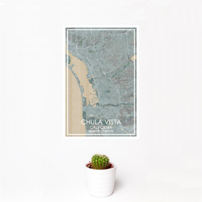 12x18 Chula Vista California Map Print Portrait Orientation in Afternoon Style With Small Cactus Plant in White Planter