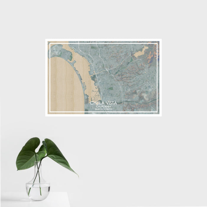 16x24 Chula Vista California Map Print Landscape Orientation in Afternoon Style With Tropical Plant Leaves in Water