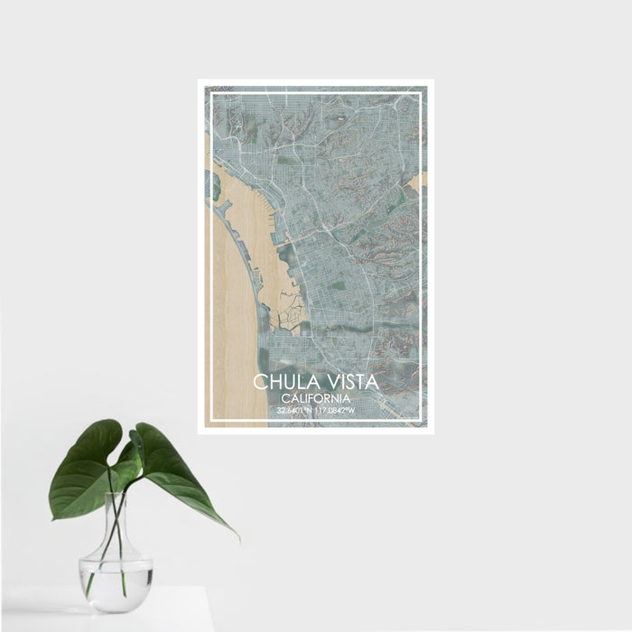 16x24 Chula Vista California Map Print Portrait Orientation in Afternoon Style With Tropical Plant Leaves in Water