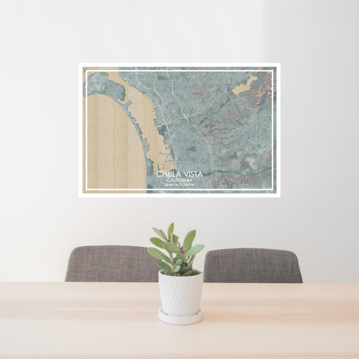24x36 Chula Vista California Map Print Lanscape Orientation in Afternoon Style Behind 2 Chairs Table and Potted Plant
