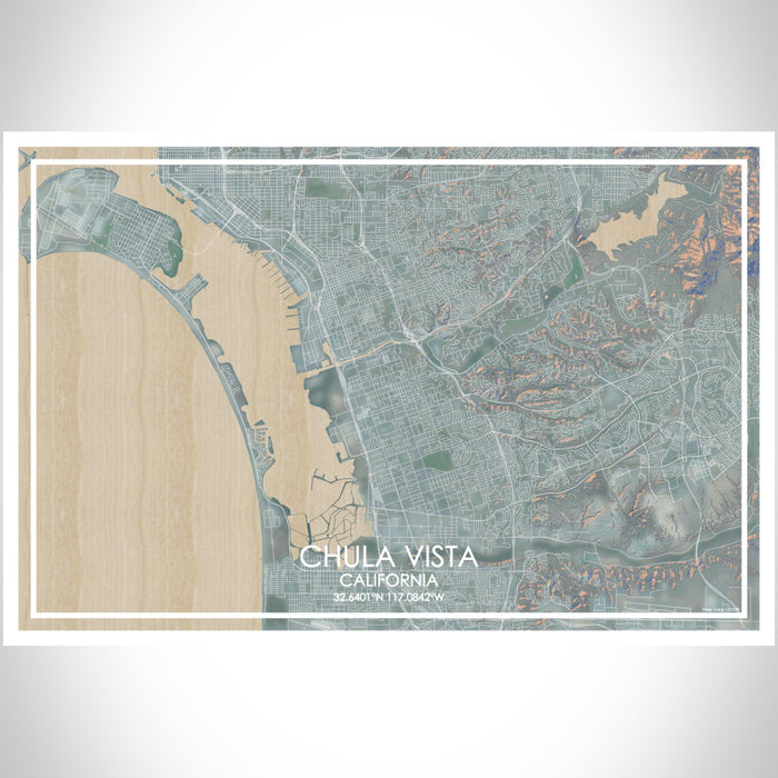 Chula Vista California Map Print Landscape Orientation in Afternoon Style With Shaded Background