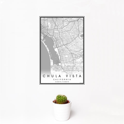 12x18 Chula Vista California Map Print Portrait Orientation in Classic Style With Small Cactus Plant in White Planter
