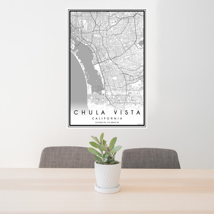 24x36 Chula Vista California Map Print Portrait Orientation in Classic Style Behind 2 Chairs Table and Potted Plant