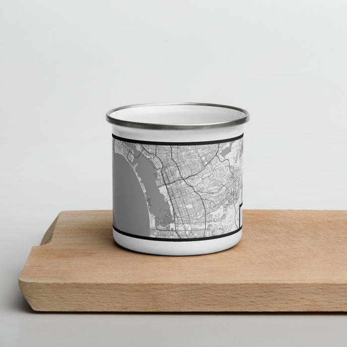 Front View Custom Chula Vista California Map Enamel Mug in Classic on Cutting Board