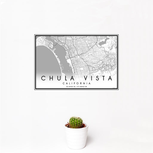 12x18 Chula Vista California Map Print Landscape Orientation in Classic Style With Small Cactus Plant in White Planter